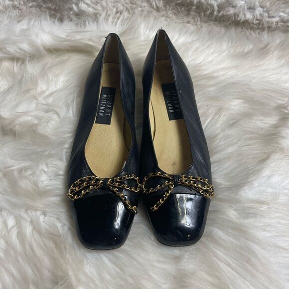 Stuart Weitzman Leather Black & patent Flats  bow chain & link heel accent SZ6.5 - Picture 1 of 12
